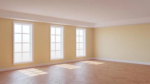 Beautiful Empty Interior with Beige Walls, Three Large Windows Stock Illustration