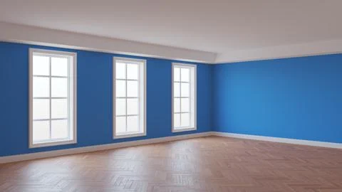 Beautiful Empty Interior with Blue Walls, Three Large Windows, Glossy Parquet Stock Illustration