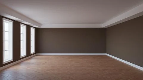 Beautiful Empty Interior with Brown Walls, Ceiling Cornice, Three Large Windo Stock Illustration