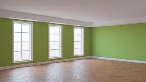 Beautiful Empty Interior with Green Walls, Three Large Windows Stock Illustration