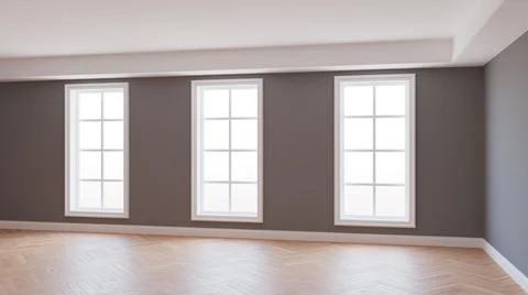 Beautiful Empty Interior with Grey Walls, Three Large Windows Stock Illustration