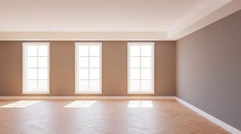Beautiful Empty Interior with Grey Walls, Three Large Windows Stock Illustration