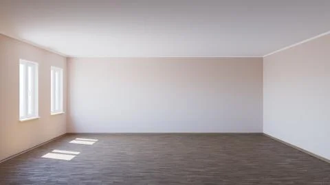 Beautiful Empty Interior with Parquet Floor, Two Plastic Windows and Beige Walls Stock Illustration