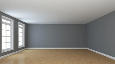 Beautiful Empty Interior with Two Windows, Light Glossy Parquet, Grey Walls Stock Illustration