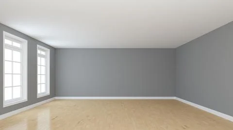 Beautiful Empty Interior with Two Windows, Light Glossy Parquet, Grey Walls Stock Illustration