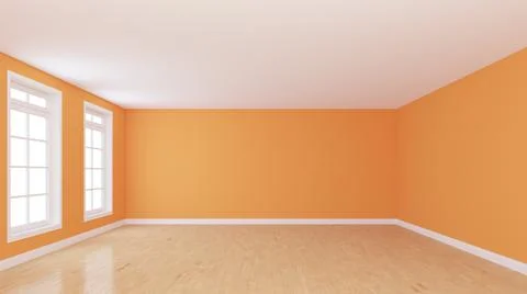 Beautiful Empty Orange Room with Two Windows, Light Parquet Floor Stock Illustration