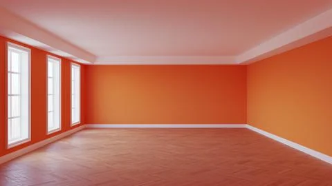 Beautiful Empty Room with Bright Orange Walls, White Ceiling and Cornice Stock-Illustration