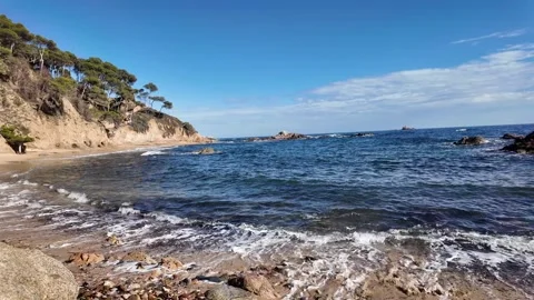 Beautiful empty sand beach with mountain, trees and calm see on sunny day, 4K Stock Footage 271130806