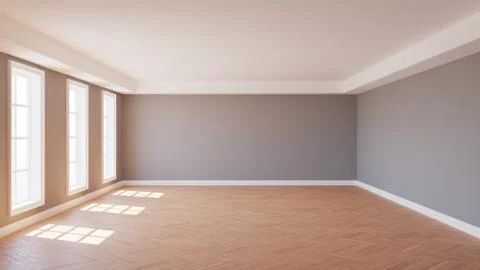 Beautiful Empty Sunlit Interior with Large Windows, 3d illustration Stock Illustration