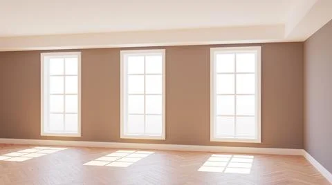 Beautiful Empty Sunlit Interior with Three Large Windows Stock Illustration