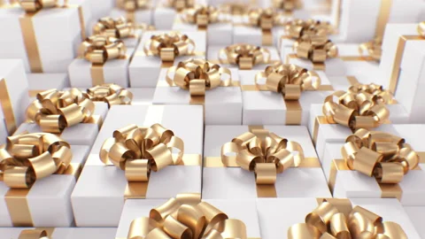 Beautiful Endless Gift Boxes in Perspective View White Color with Golden Ribbons Stock Footage 142457558