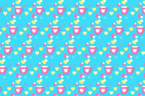 Beautiful endless pattern with love shapes and coffee mugs on a blue backgrou Stock Illustration