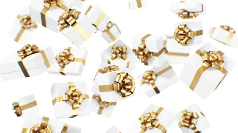 Beautiful Endless White Gift Boxes with Golden Ribbons and Bows Falling Down Video stock 142457098