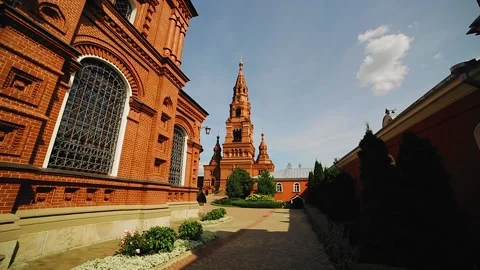 Beautiful ensemble of red brick buildings. Shooting with a wide-angle lens Stock Footage 144080760