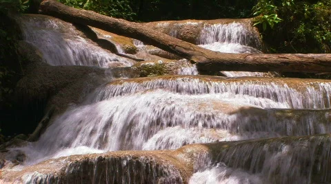 Beautiful Erawan Waterfall Flowing Water Peaceful Serene Kanchanaburi Thailand Stock Footage