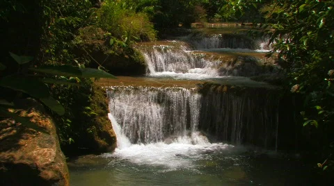 Beautiful Erawan Waterfall Flowing Water Peaceful Serene Kanchanaburi Thailand Stock Footage