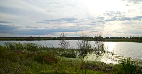 Beautiful Evening Cloudscape Scenic Sky Above River. Country Rural Scene Field P Stock Footage 218133503