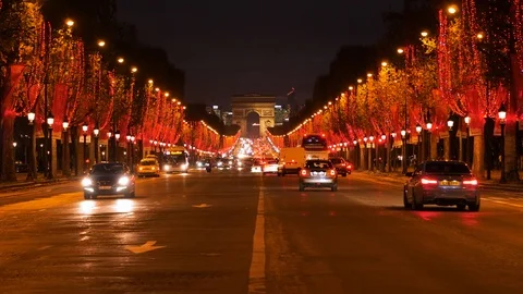 Beautiful evening in Paris, Champs Elysees decorated for Christmas. Stock Footage 123166300