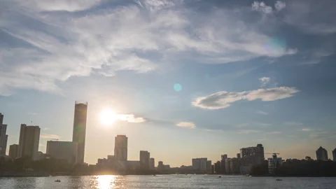 Beautiful evening sky.  View from the river embankment. Stock Footage 245618506