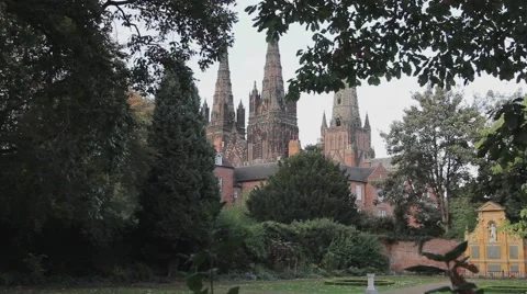 Beautiful Evening Sunset Light on Lichfield Cathedral Tilt Video stock 42528785