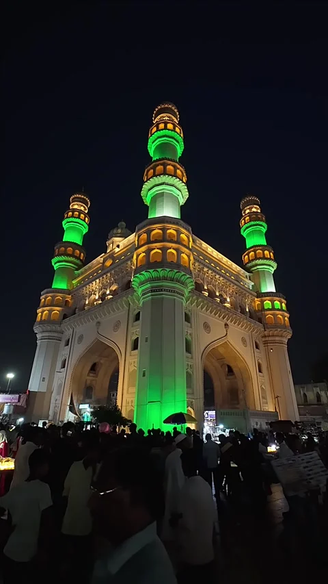 Beautiful evening view of Charminar ("Four Minarets"). Vertical video. Stock Footage 288002400