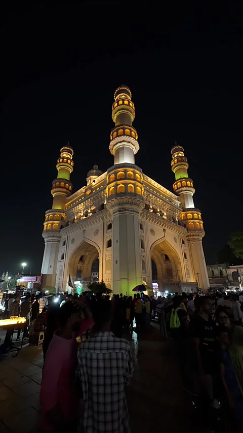 Beautiful evening view of Charminar ("Four Minarets"). Vertical timelapse video. Stock Footage 288002413