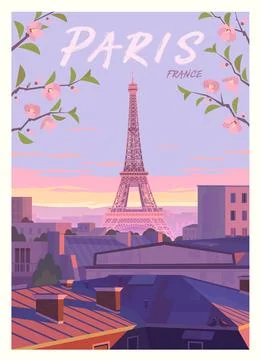 Beautiful evening view of the Eiffel Tower through cherry blossom branches. Stock Illustration