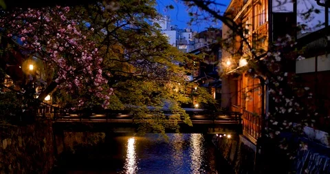 Beautiful Evening view of old kobe city, Japan river and moonlight. Video stock 106654468