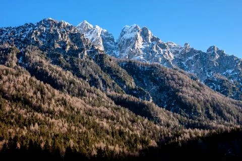 Beautiful evening winter mountain rocks landscape Stock Photos