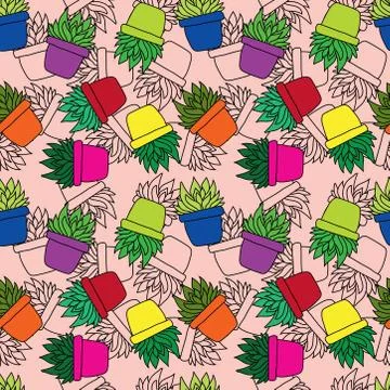 Beautiful exotic seamless pattern of cactus succulent flower plant. potted ho Stock Illustration