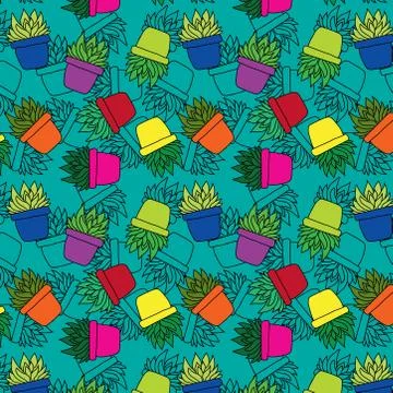Beautiful exotic seamless pattern of cactus succulent flower plant. potted ho Stock Illustration