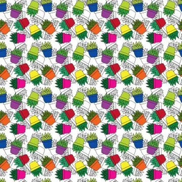Beautiful exotic seamless pattern of cactus succulent flower plant. potted ho Stock Illustration
