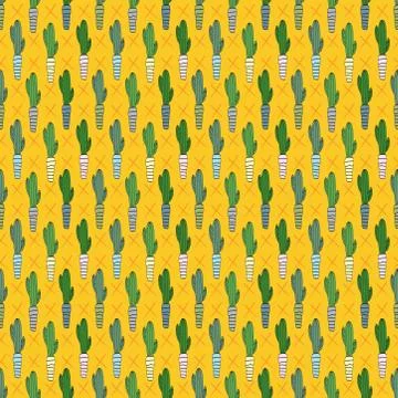 Beautiful exotic seamless pattern of cactus succulent flower plant. potted ho Stock Illustration