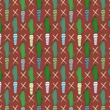 Beautiful exotic seamless pattern of cactus succulent flower plant. potted ho Stock Illustration