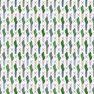 Beautiful exotic seamless pattern of cactus succulent flower plant. potted ho Stock Illustration