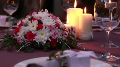 Beautiful Expensive Table Serving For A Romantic Dinner With Candles And Red Stock Footage 61194055