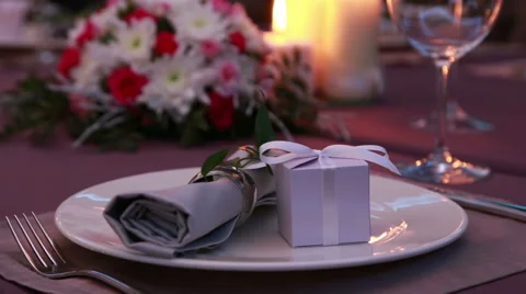 Beautiful Expensive Table Serving For A Romantic Dinner With Candles And Red Stock Footage 68892697