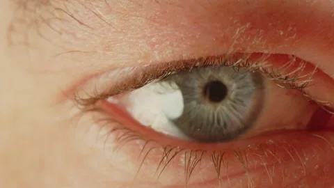 Beautiful extreme close up of a man's blue eye turning directly to the camera Stock Footage 335209247