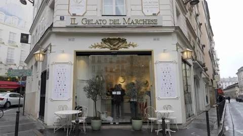 Beautiful Facade of the old ice cream shop in the center of Paris. Tilt HD Stock Footage 219605172