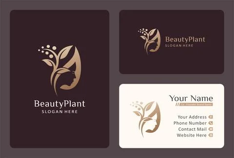 Beautiful face with leaf logo design in gold color. Stock Illustration
