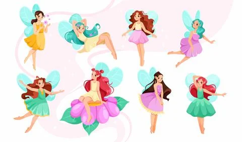 Beautiful Fairy and Pixie with Wings Vector Set 스톡 일러스트
