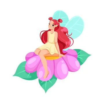 Beautiful Fairy and Pixie in Yellow Dress with Wings Sit on Flower Vector 스톡 일러스트