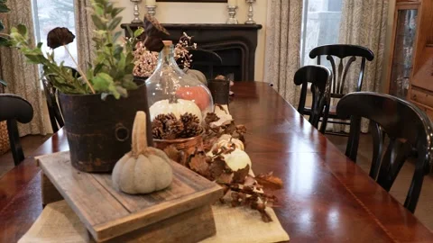 Beautiful fall decoration on the big table Video stock 147892205