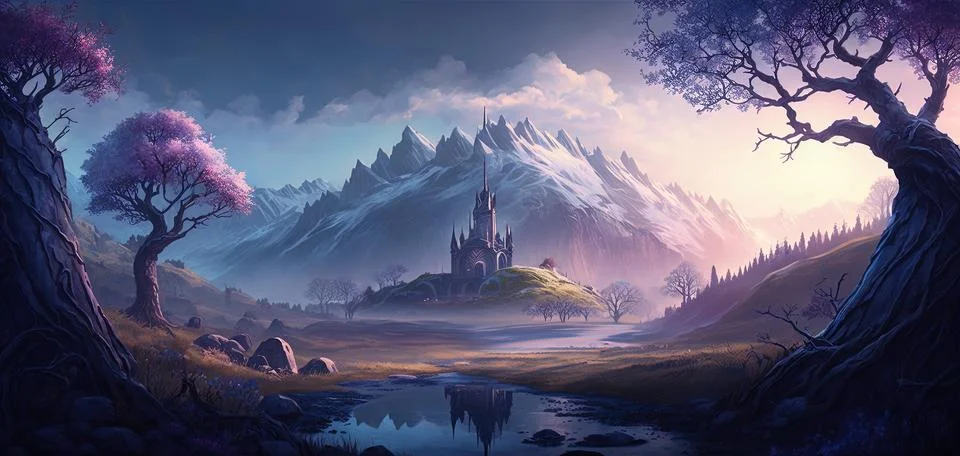 Beautiful Fantasy Landscape Castle: A Stunning Journey Through Mountains Stock Illustration
