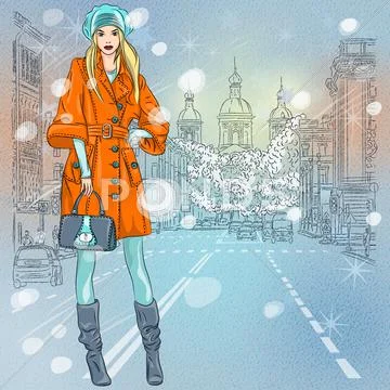 Beautiful fashionable girl on the avenue Stock Illustration