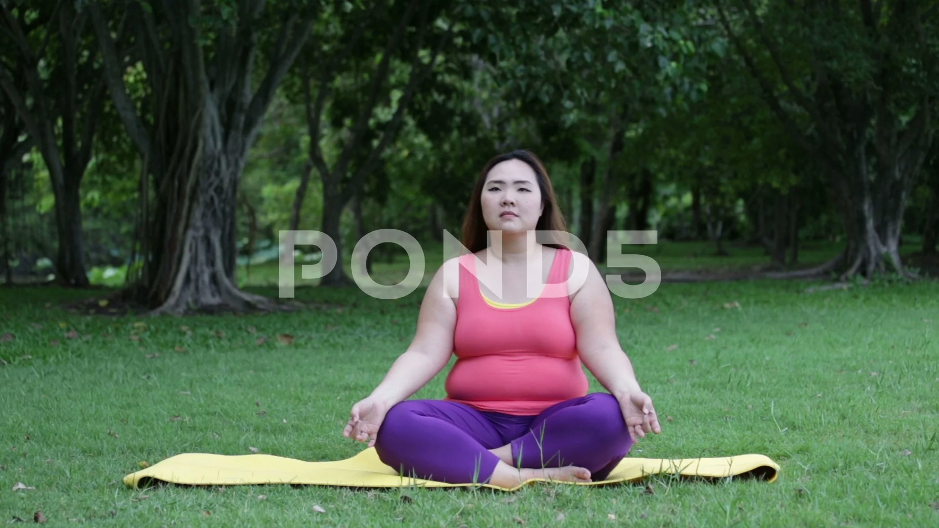 fat cheerful woman doing yoga in the park, plus size model Stock