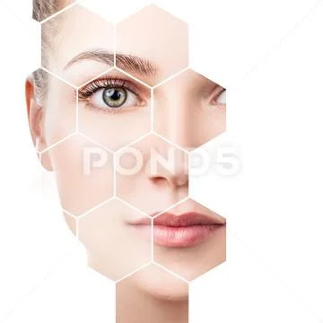Beautiful female face in honeycombs. Spa concept. Stock-Fotos