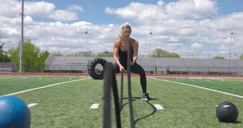 Beautiful Female Physical Trainer Working Out Cross Fit Conditioning Ropes Видео 154384580