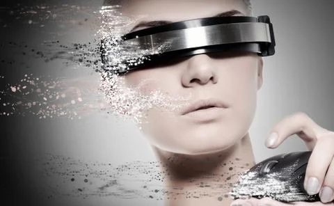 Beautiful female robot with computer mouse Stock Illustration