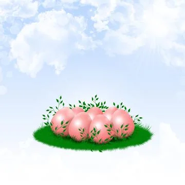 Beautiful festive background. Easter eggs in the blue sky. Illustrazione stock